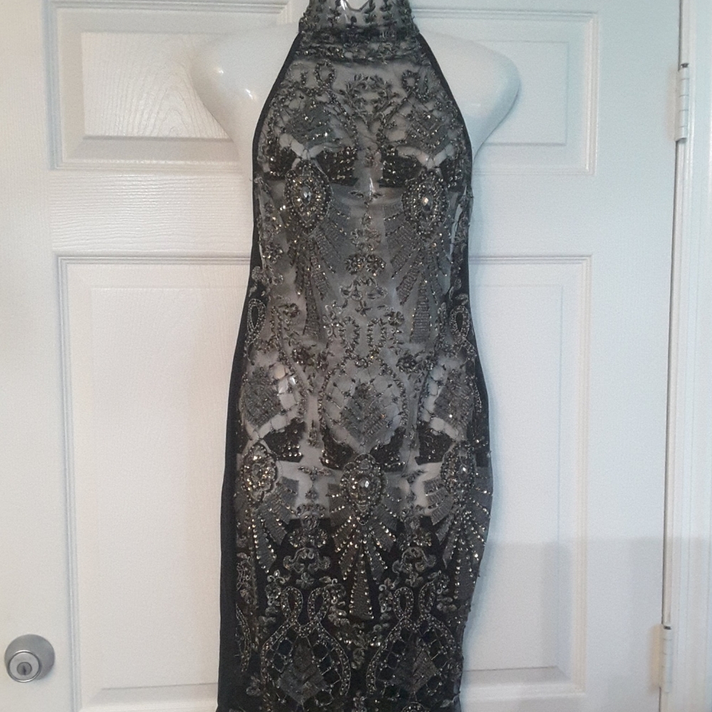 Black sequin and beaded see thru dress